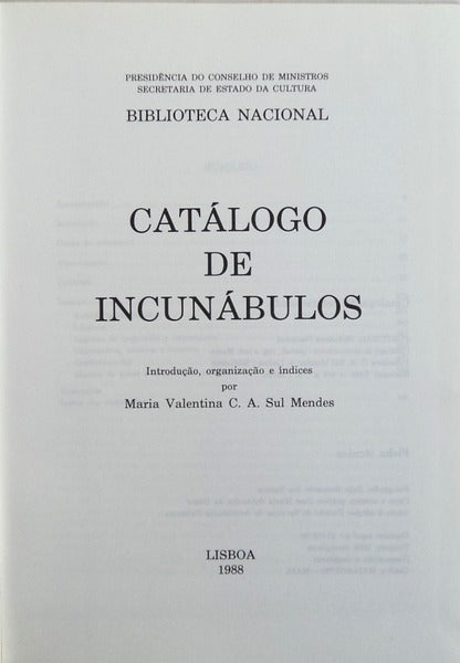 CATÃLOGO DE INCUNÃBULOS.