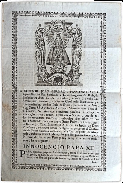 BREVE PAPAL â€“ PAPA INOCÃŠNCIO XIII â€“ 1862. Confraria da Capela de Nossa Senhora da SaÃºde.
