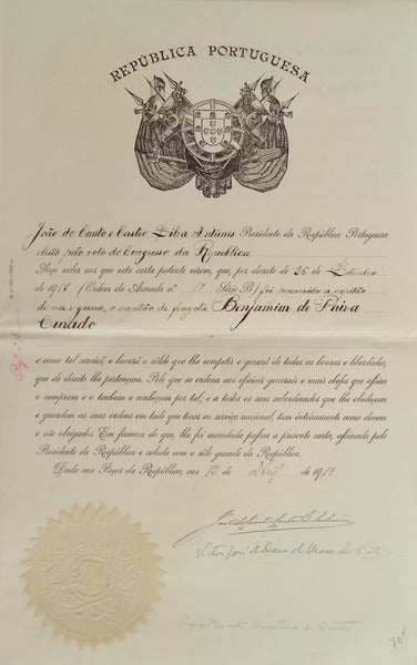 CARTA PATENTE â€“ CAPITÃƒO DE FRAGATA â€“ REPÃšBLICA PORTUGUESA. 1919.