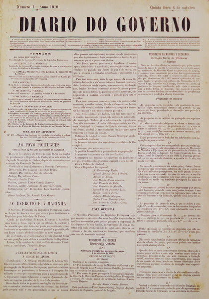 DIARIO DO GOVERNO. NUMERO 1, QUINTA FEIRA 6 DE OUTUBRO AO NÃšMERO 74, 31 DE DEZEMBRO DE ANNO 1910, 4Âº TRIMESTRE.