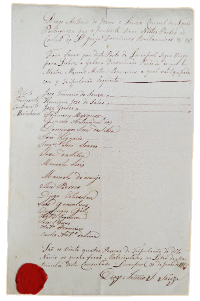 MANUSCRITO - SÃ‰C. XIX - ESFRAGÃSTICA - NEGÃ“CIOS ESTRANGEIROS - ROL DA TRIPULAÃ‡ÃƒO DA GALERA PIEDADE.