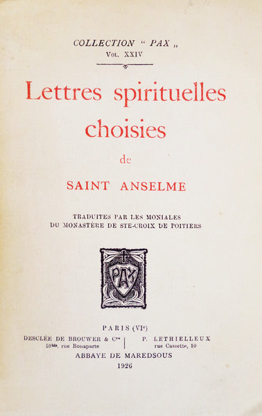 LETTRES SPIRITUELLES CHOISIES DE SAINT ANSELME.