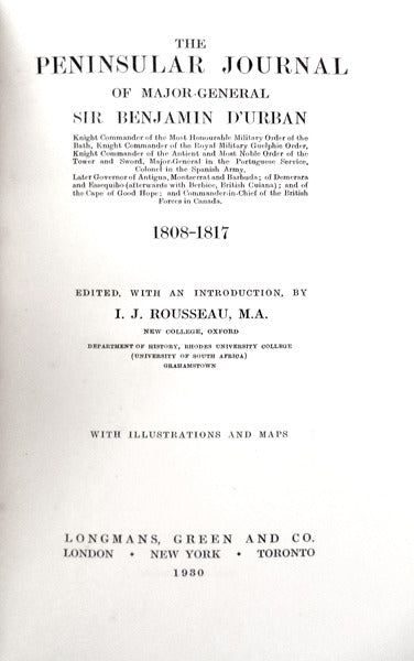 THE PENINSULAR JOURNAL OF MAJOR-GENERAL SIR BENJAMIN D'URBAN.