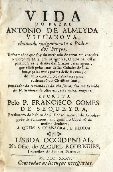 VIDA DO PADRE ANTONIO DE ALMEYDA VILLANOVA,