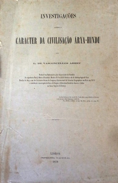INVESTIGAÃ‡Ã•ES SOBRE O CARACTER DA CIVILIZAÃ‡ÃƒO ÃRYA-HINDU.