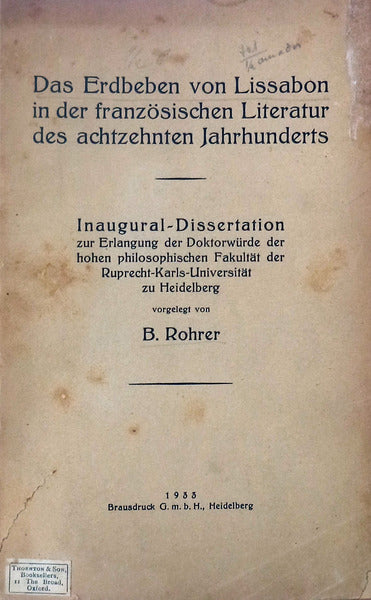 DAS ERDBEBEN VON LISSABON IN DER FRANZÃ–SISCHEN LITERATUR DES ACHTZEHNTEN JAHRHUNDERTS.