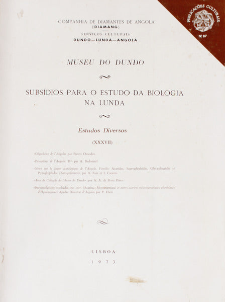 MUSEU DO DUNDO. SUBSÃDIOS PARA O ESTUDO DA BIOLOGIA NA LUANDA.