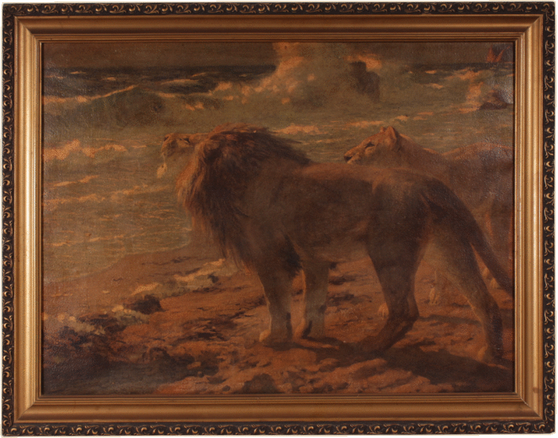 OIL ON CANVAS - LIONS. NAMIBE - 20th CENTURY.