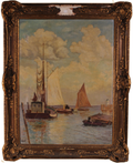 FRENCH MARINE WITH SAILING BOATS - OIL ON CANVAS - EARLY 20th CENTURY.