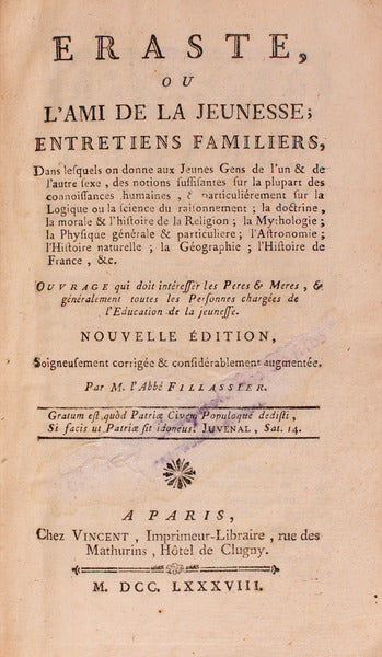 ERASTE, OU L'AMI DE LA JENEUSSE, ENTRETIENS FAMILIERS.