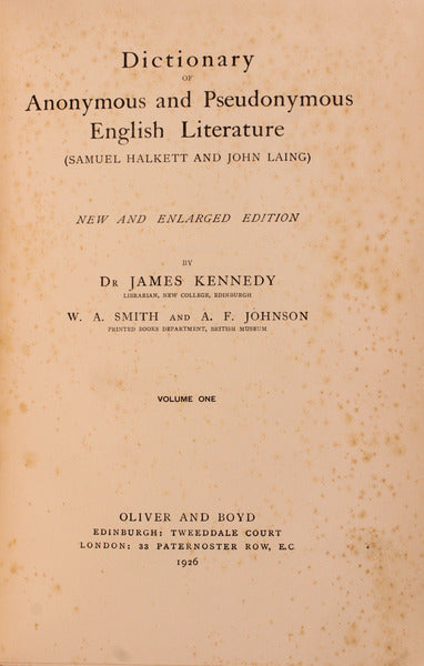 DICTIONARY OF ANONYMOUS AND PSEUDONYMOUS ENGLISH LITERATURE