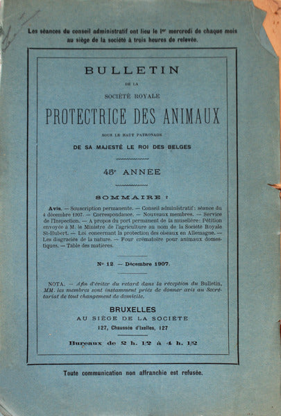 BULLETIN DE LA SOCIÃ‰TÃ‰ ROYALE PROTECTRICE DES ANIMAUX.