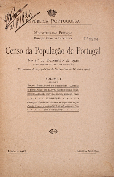 CENSO DA POPULAÃ‡ÃƒO DE PORTUGAL. NO 1Âº DE DEZEMBRO DE 1920.