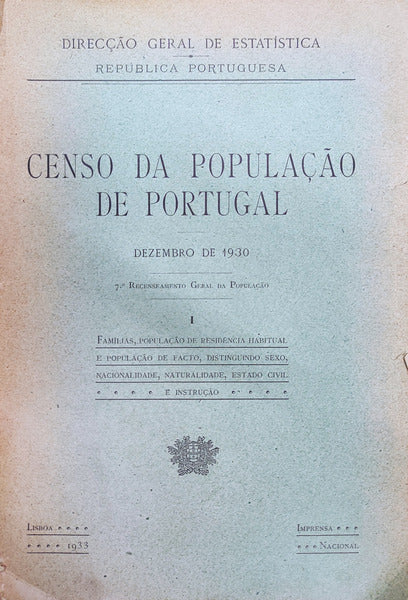 CENSO DA POPULAÃ‡ÃƒO DE PORTUGAL, DEZEMBRO DE 1930.