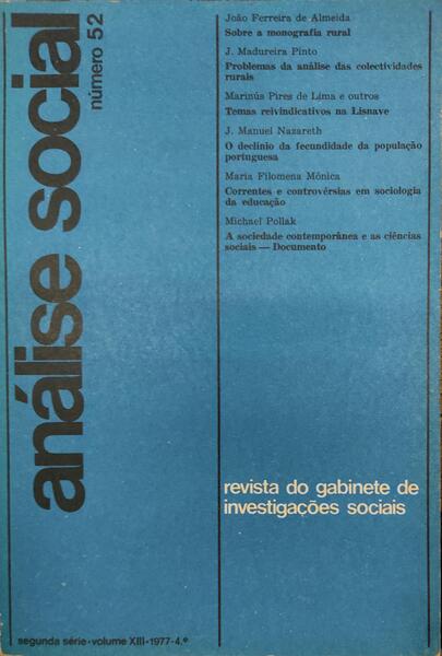 ANÃLISE SOCIAL, REVISTA DO GABINETE DE INVESTIGAÃ‡Ã•ES SOCIAIS, N.Âº 052, 1977.
