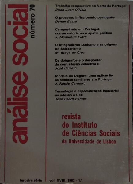 ANÃLISE SOCIAL, REVISTA DO INSTITUTO DE CIÃŠNCIAS SOCIAIS DA UNIVERSIDADE DE LISBOA, N.Âº 070, 1982.