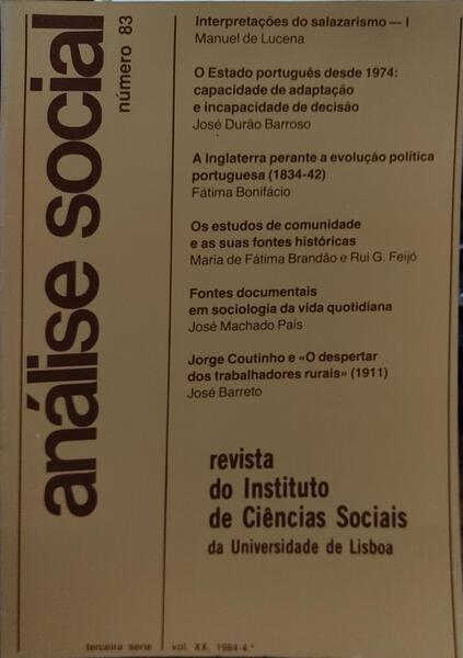 ANÃLISE SOCIAL, REVISTA DO INSTITUTO DE CIÃŠNCIAS SOCIAIS DA UNIVERSIDADE DE LISBOA, N.Âº 083, 1984.