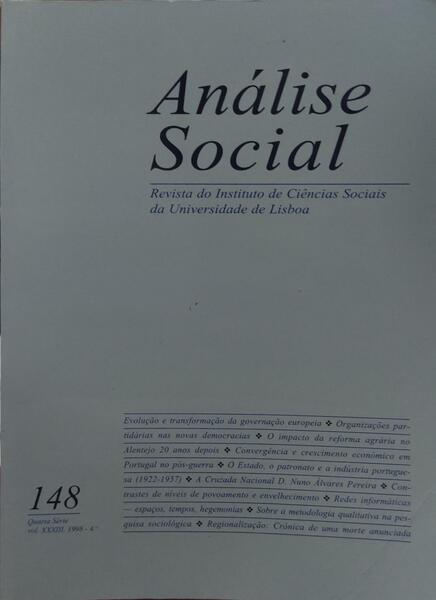 ANÃLISE SOCIAL, REVISTA DO INSTITUTO DE CIÃŠNCIAS SOCIAIS DA UNIVERSIDADE DE LISBOA, N.Âº 148, 1998.