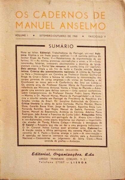 OS CADERNOS DE MANUEL ANSELMO, VOLUME I, FASCÃCULO V, SETEMBRO-OUTUBRO 1960.