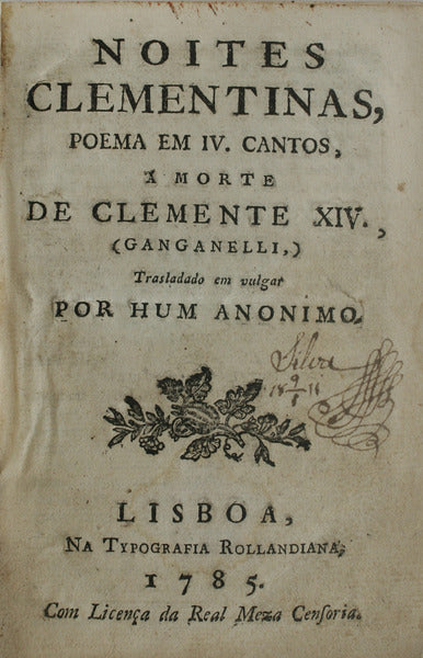 NOITES CLEMENTINAS, POEMA EM IV CANTOS, Ã MORTE DE CLEMENTE XIV.