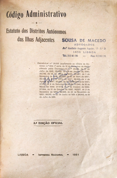 CÃ“DIGO ADMINISTRATIVO E ESTATUTO DOS DISTRITOS AUTÃ“NOMOS DAS ILHAS ADJACENTES.