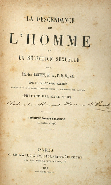 LA DESCENDANCE DE L'HOMME ET LA SÃ‰LECTION SEXUELLE.