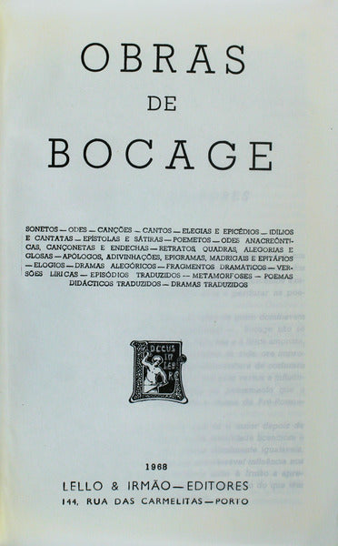OBRAS DE BOCAGE. [EDIÃ‡ÃƒO DE 1968]