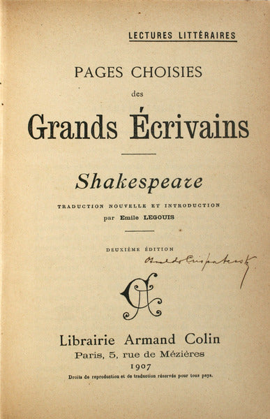PAGES CHOISIES DES GRANDS Ã‰CRIVAINS: SHAKESPEARE.