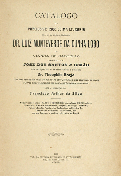 CATALOGO DA LIVRARIA QUE FOI DO DR. LUIZ MONTEVERDE DA CUNHA LOBO.