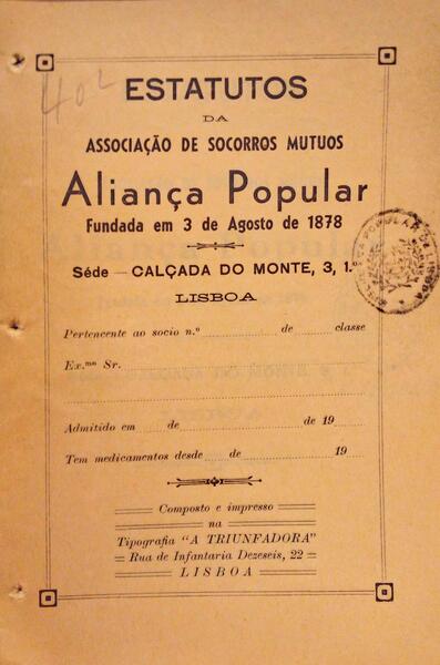 ESTATUTOS DA ASSOCIAÃ‡ÃƒO DE SOCORROS MUTUOS, ALIANÃ‡A POPULAR.