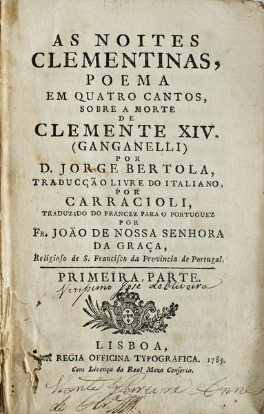 AS NOITES CLEMENTINAS, POEMA EM QUATRO CANTOS, SOBRE A MORTE DE CLEMENTE XIV.