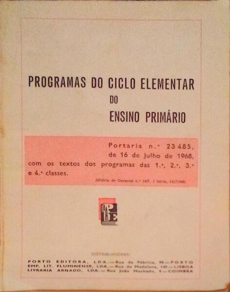 PROGRAMAS DO CICLO ELEMENTAR DO ENSINO PRIMÃRIO.