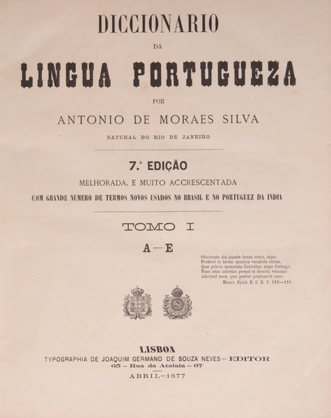 DICCIONARIO DA LINGUA PORTUGUEZA. [7.ª EDIÇÃO]