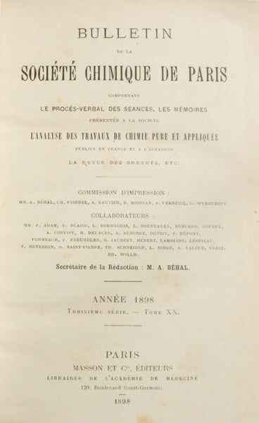 BULLETIN DE LA SOCIÉTÉ CHIMIQUE DE PARIS, TOME XIX, XX, XXI.