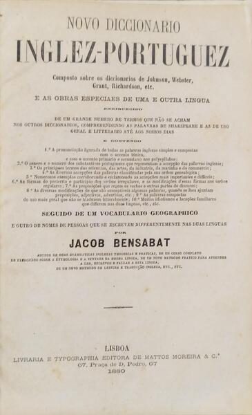 BENSABAT. (Jacob) NOVO DICCIONARIO INGLEZ-PORTUGUEZ.
