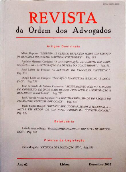 REVISTA DA ORDEM DOS ADVOGADOS ANO 62 - III, DEZEMBRO 2002.