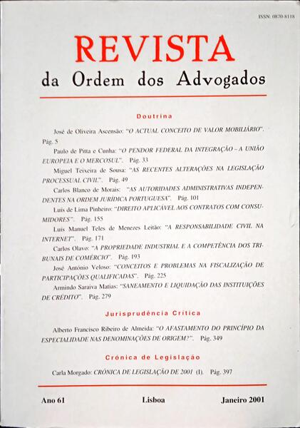 REVISTA DA ORDEM DOS ADVOGADOS ANO 61 - I, JANEIRO 2001.