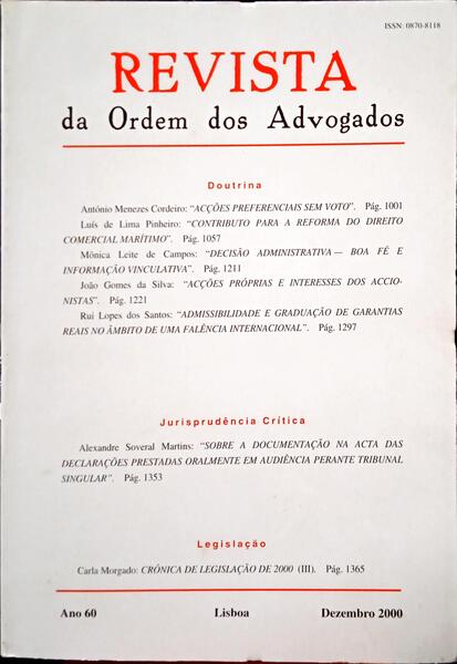 REVISTA DA ORDEM DOS ADVOGADOS ANO 60 - III, DEZEMBRO 2000.