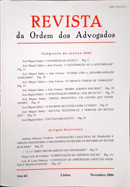 REVISTA DA ORDEM DOS ADVOGADOS ANO 64 - I/II, NOVEMBRO 2004.