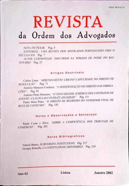 REVISTA DA ORDEM DOS ADVOGADOS ANO 62 - I, JANEIRO 2002.
