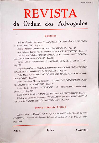 REVISTA DA ORDEM DOS ADVOGADOS ANO 61 - II, ABRIL 2001.