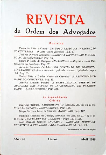 REVISTA DA ORDEM DOS ADVOGADOS ANO 48 - I, ABRIL 1988.