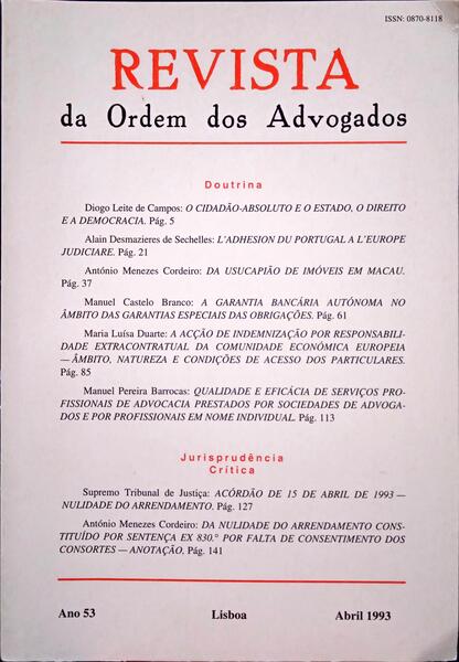 REVISTA DA ORDEM DOS ADVOGADOS ANO 53 - I, ABRIL 1993.