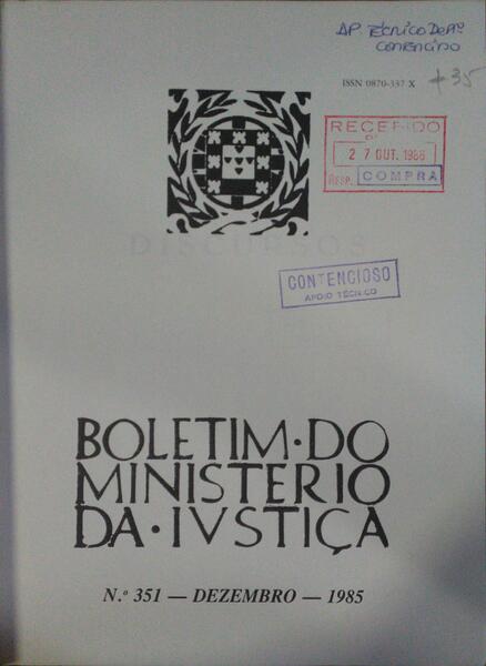 BOLETIM DO MINISTÉRIO DA JUSTIÇA, N.º 351, DEZEMBRO 1985.