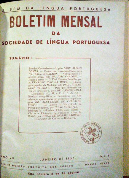 BOLETIM DA SOCIEDADE DE LÍNGUA PORTUGUESA, ANO VII, 1956.