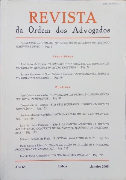 REVISTA DA ORDEM DOS ADVOGADOS ANO 68 - I, JANEIRO 2008.