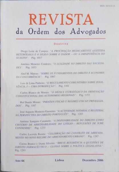 REVISTA DA ORDEM DOS ADVOGADOS ANO 66 - III, DEZEMBRO 2006.