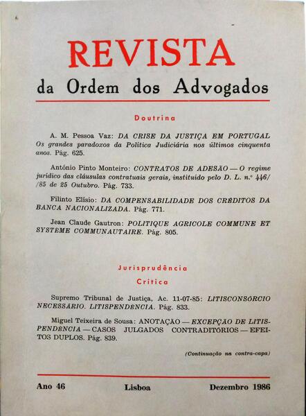 REVISTA DA ORDEM DOS ADVOGADOS ANO 46 - III, DEZEMBRO 1986.