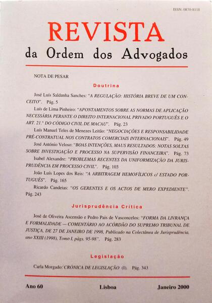 REVISTA DA ORDEM DOS ADVOGADOS ANO 60 - I, JANEIRO 2000.