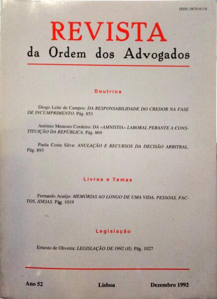 REVISTA DA ORDEM DOS ADVOGADOS ANO 52 - III, DEZEMBRO 1992.